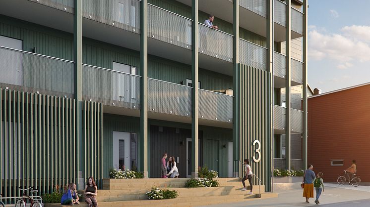 illustration av entrésida med loftgångar, BoKlok Astrakan, Drottninghög, Helsingborg. 