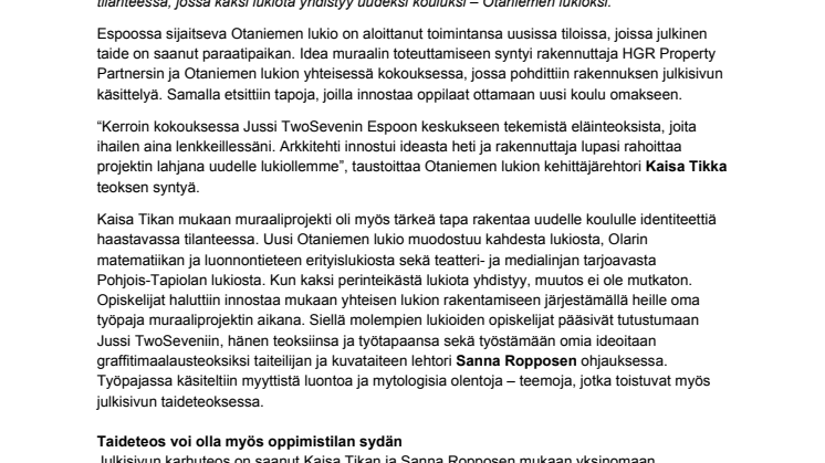 Uuden Otaniemen lukion identiteetti saa voimaa taiteesta – Jussi TwoSevenin vallaton karhuteos valmistui julkisivuun