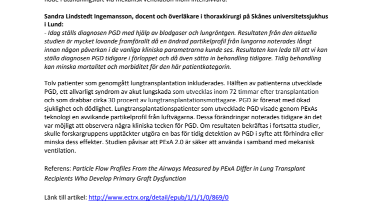 Nytt användningsområde för PExAs teknologi efter lungtransplantation
