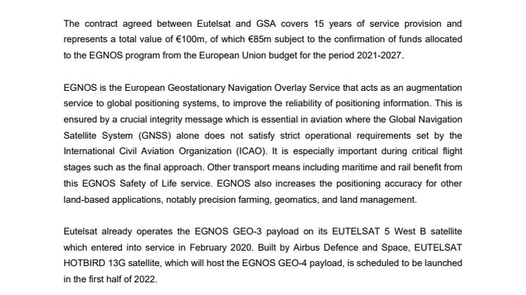 Eutelsat entrusted once again by the European GNSS Agency (GSA) to host EGNOS GEO-4 payload