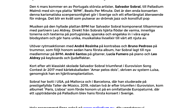 Salvador Sobral på Palladium Malmö 4 mars  – enda konserten i Sverige för portugisiske artisten