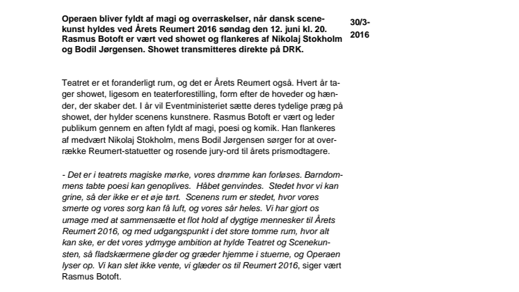 Botoft, Stokholm og Jørgensen er værter ved Årets Reumert