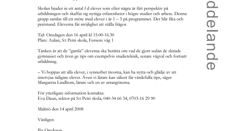 Före detta elever gästar S:t Petri skola