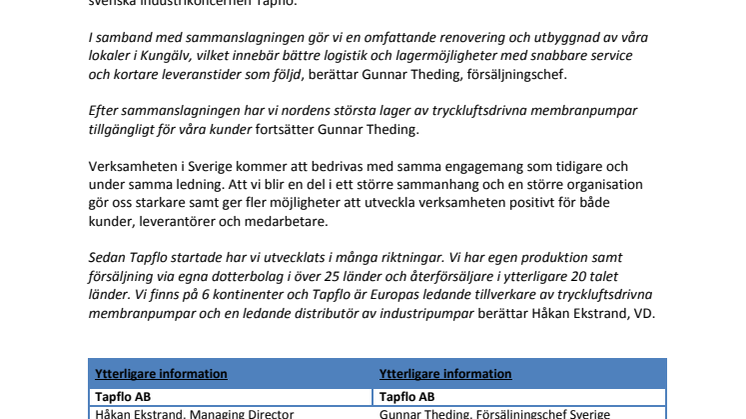 Nu har den svenska industrikoncernen Tapflo Group gått samman med Temag Pumpar.