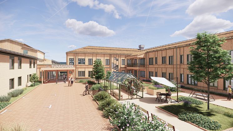 Gården ska bli grönskande med buskar, sittgrupper och ett växthus. Projektet har skapat 80 bekväma lägenheter och fin utemiljö för boende, besökare och personal. Bild: BSK Arkitekter
