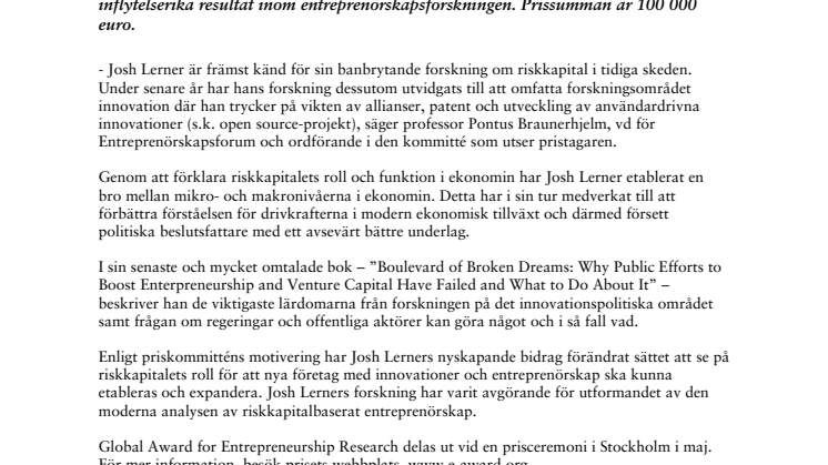 Forskning om riskkapitalets funktion belönas med 100 000 euro