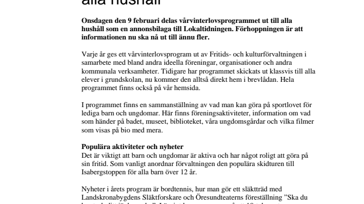 Vårvinterlovsprogram skickas till alla hushåll