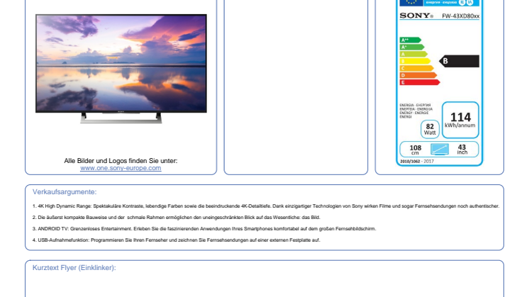 Datenblatt BRAVIA KD-43XD8005BAEP von Sony