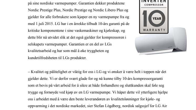 ​LG INTRODUSERER 10-ÅRS KOMPRESSORGARANTI PÅ SINE NORDISKE VARMEPUMPER