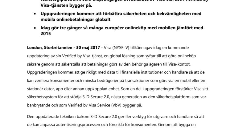 Visa uppgraderar Verified by Visa för att förstärka säkerheten och förenkla betalningar online