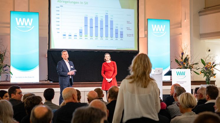 Jürgen Noch (links im Bild), Geschäftsführer Westfalen Weser Energie, und Dr. Ingrid Nestle, Mitglied des Bundestags für die Fraktion Bündnis 90/Die Grünen, im Gespräch mit dem Publikum.  