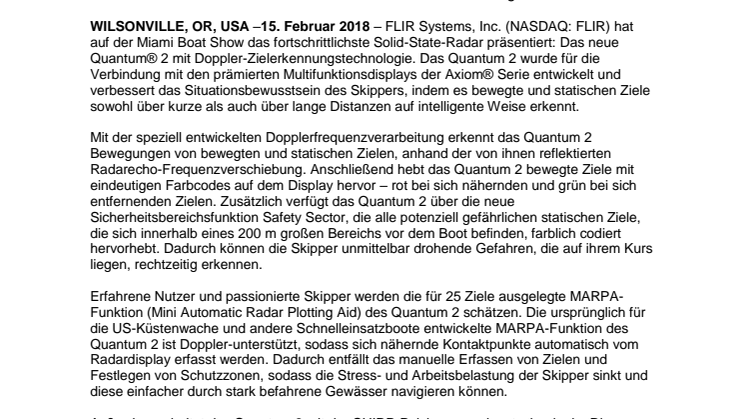 Raymarine: FLIR präsentiert das Raymarine Quantum 2 CHIRP-Radar mit Doppler-Zielerkennungstechnologie 