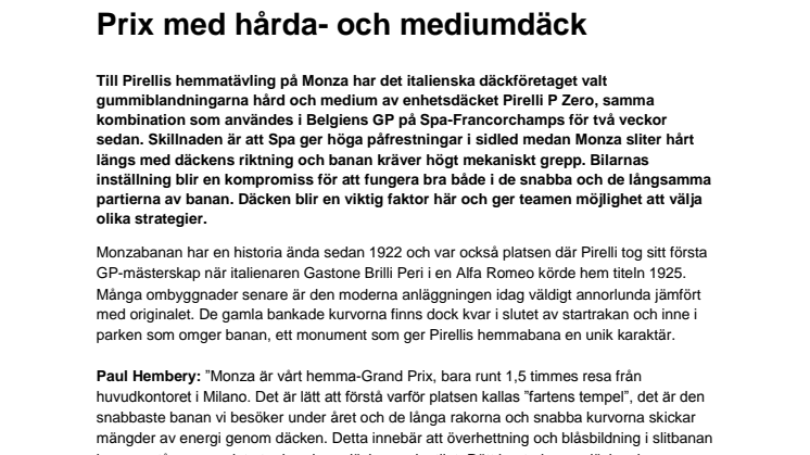 Pirelli återvänder hem till Italiens Grand Prix med hårda- och mediumdäck