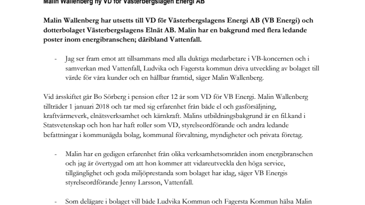 Malin Wallenberg ny VD för Västerbergslagen Energi AB