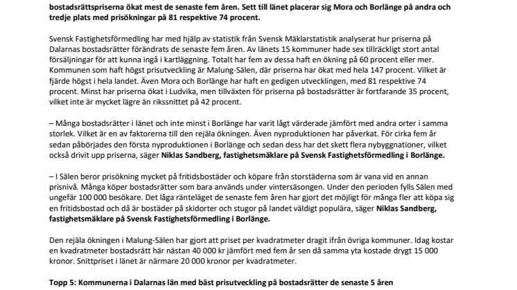 Så mycket har bostadsrättspriserna rusat i Dalarna – kommun för kommun