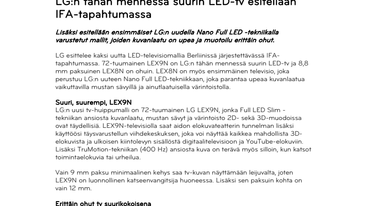 LG:n tähän mennessä suurin LED-tv esitellään IFA-tapahtumassa 