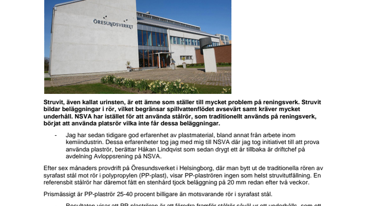 Plaströr minskar struvitbeläggningar hos NSVA