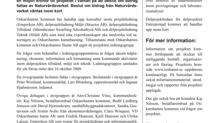 Nyhetsbrev 1 för sanering av Oskarshamns hamnbassäng