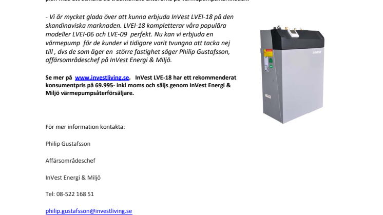 InVest LVEI-18 - Luft Vatten Värmepump. 18 kW under 70.000:- inkl moms.