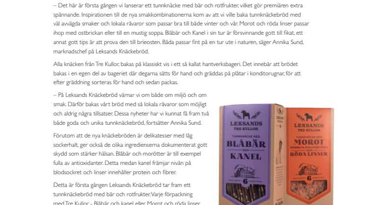Leksands Knäckebröd lanserar exklusiv, smakrik duo med Blåbär och Kanel samt Morot och Röda Linser