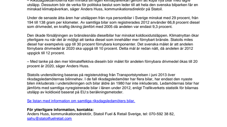 Riksdagsledamöternas bilar har större klimatpåverkan