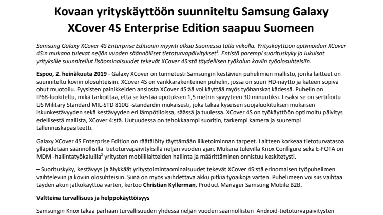 Kovaan yrityskäyttöön suunniteltu Samsung Galaxy XCover 4S Enterprise Edition saapuu Suomeen