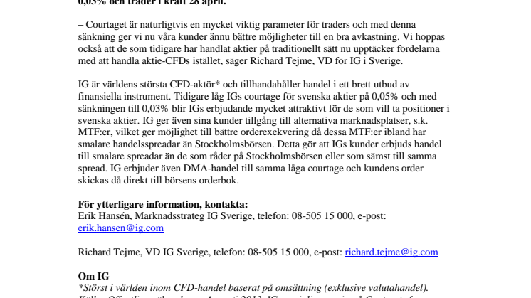 IG sänker courtaget på svenska aktier