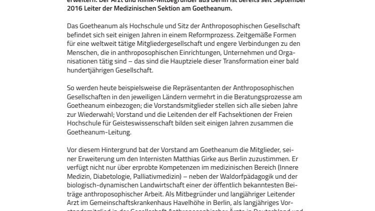 Erfahrung in der Gestaltung größerer sozialer Zusammenhänge. Matthias Girke als neues Mitglied im Vorstand am Goetheanum bestätigt