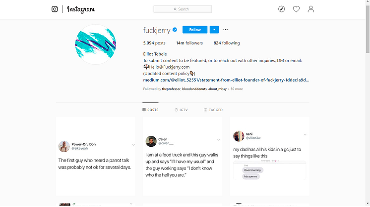 A screenshot of F**kJerry's Instagram page