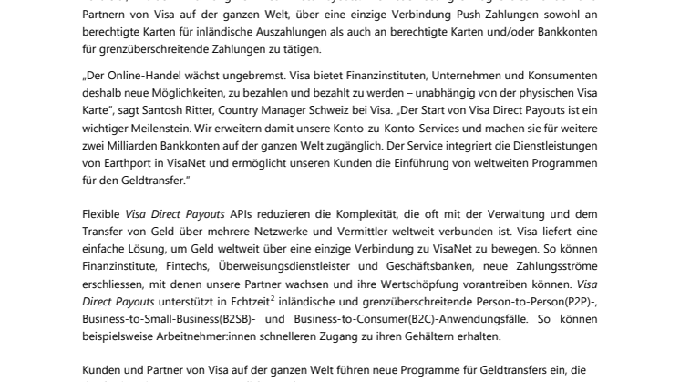 Visa erweitert mit Visa Direct Payouts Möglichkeiten des weltweiten Geldtransfer über die Karte hinaus