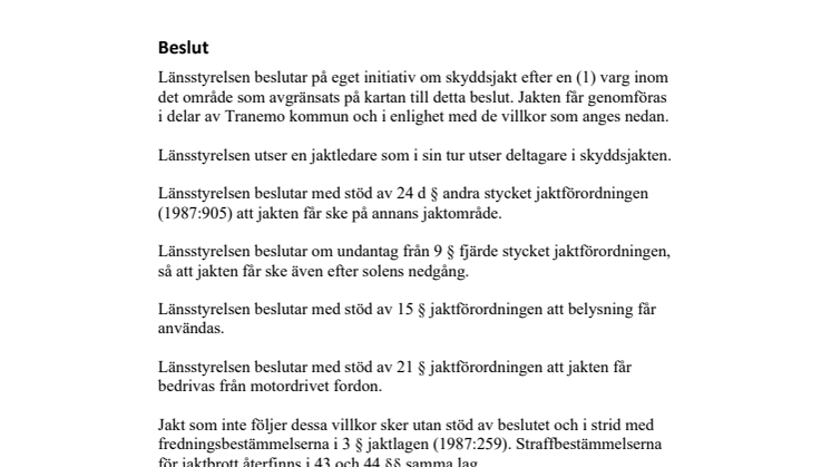 Beslut om skyddsjakt efter varg i del av Tranemo kommun