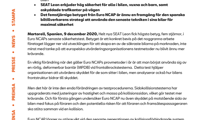 Full pott för nya SEAT Leon, fem stjärnor i Euro NCAPs striktare säkerhetstest