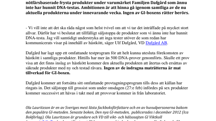 Inget hästkött i GI-boxens mat från Dafgårds