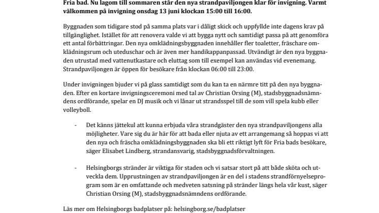 Välkommen till invigning av strandpaviljongen på Fria bad