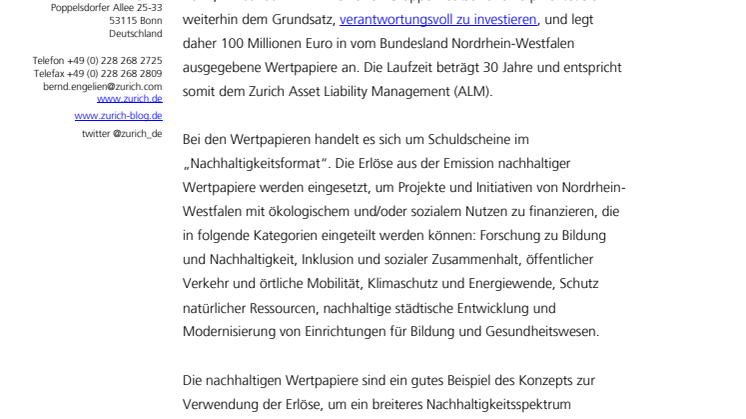 Zurich investiert 100 Mio. EUR in die Nachhaltigkeit von Nordrhein-Westfalen