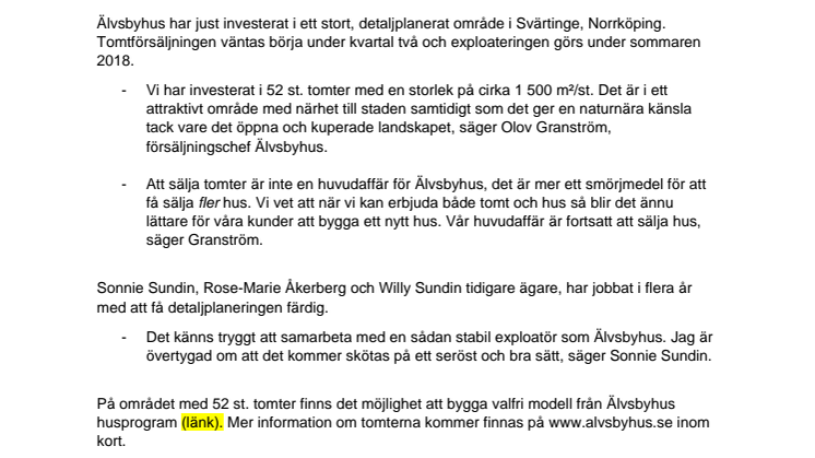 Älvsbyhus investerar i stort tomtområde
