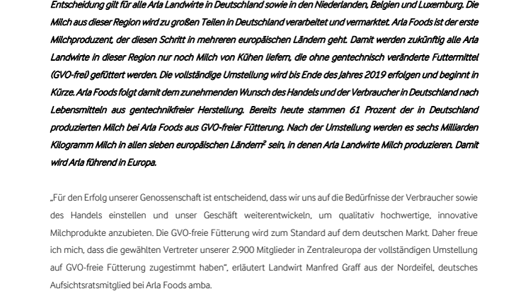 Arla Landwirte entscheiden sich für vollständige Umstellung auf GVO-freie Fütterung 