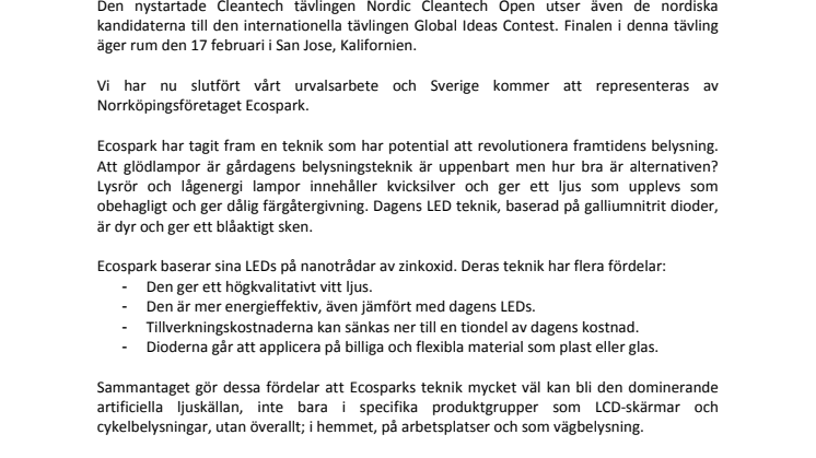 Ecospark representerar Sverige i Global cleantech final!