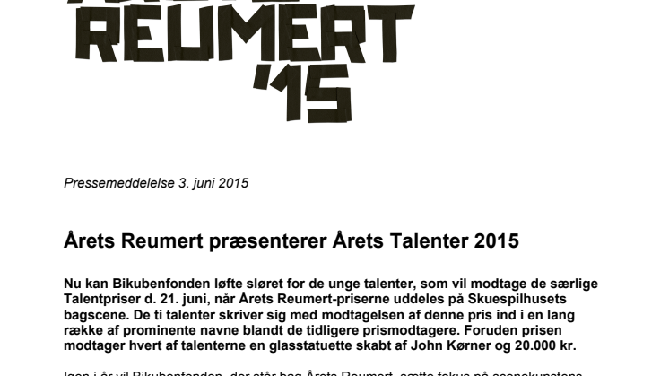 Årets Reumert præsenterer Årets Talenter 2015