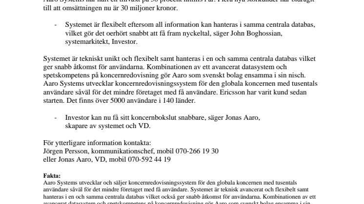 Investor köper nytt koncernredovisningssystem av Aaro