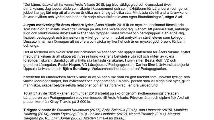 Årets Vikarie 2018 är studenten Axel Björling, 22 år, från Hägersten i Stockholm