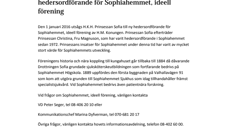 H.K.H. Prinsessan Sofia utsedd till ny hedersordförande för Sophiahemmet, ideell förening