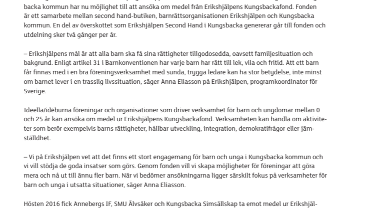 Dags att söka Erikshjälpens Kungsbackafond