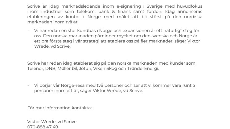 Scrive expanderar och öppnar kontor i Norge