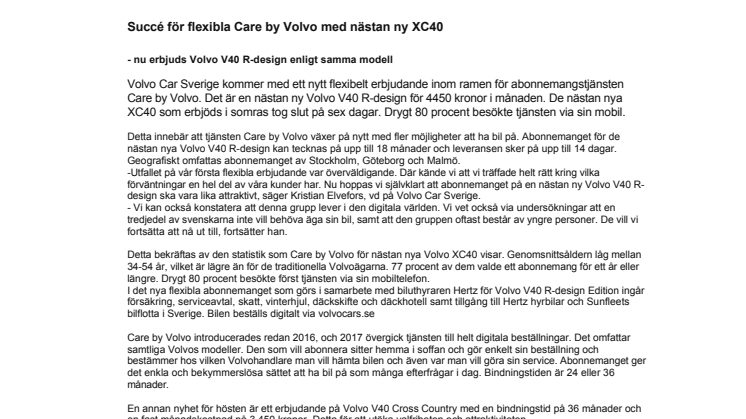 Succé för flexibla Care by Volvo med nästan ny XC40 - nu också för Volvo V40