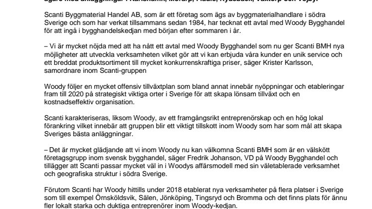 Woody Bygghandel har tecknat avtal för samarbete med skånska byggkedjan Scanti BMH