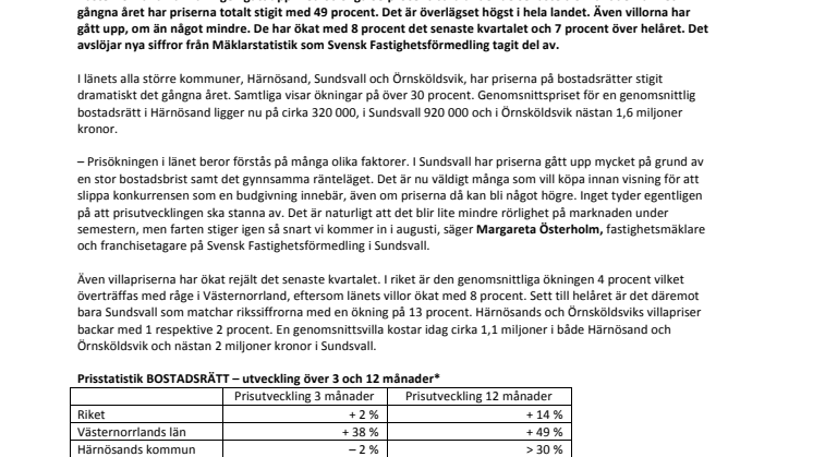 Priset på bostadsrätter ökar mest i landet  – Fortsatt högtryck i Västernorrland 