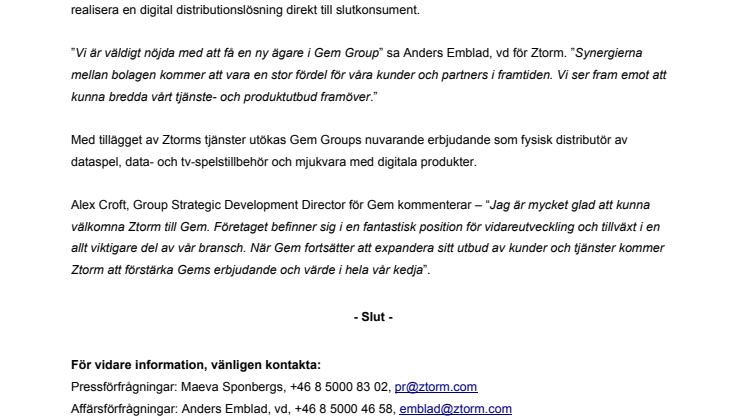 Gem Group förvärvar Ztorm AB 