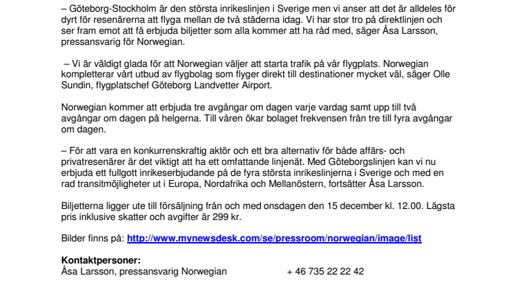 Norwegian startar ny inrikeslinje, Stockholm-Göteborg