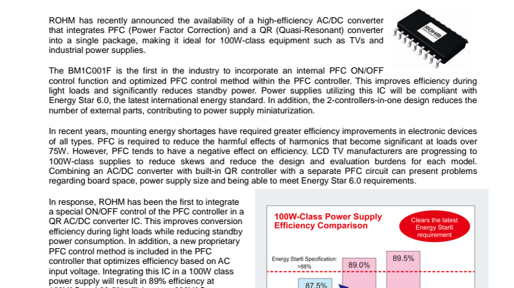 The Industry’s First High Efficiency AC/DC Converter IC with Integrated PFC Control Function: Enables Energy Star 6.0 compliant 100W-class products